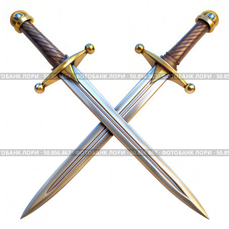 Two Crossed Swords With Gold Accents and Wooden Grips. Generative AI. Стоковое AI-изображение, AI-художник Roman Zavorotny / Фотобанк Лори