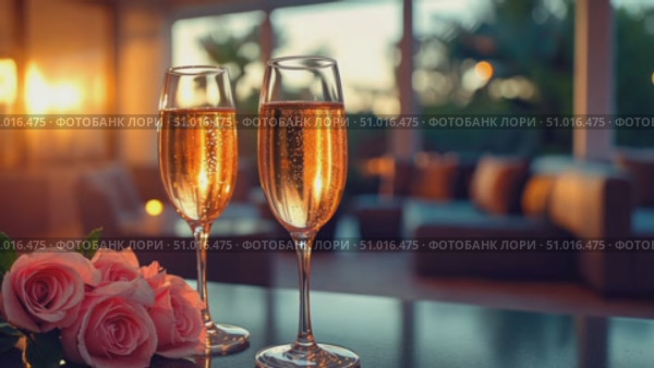 Two elegant glasses filled with sparkling beverages sit next to fresh roses, capturing a warm and inviting atmosphere during golden hour. Стоковое AI-видео, аниматор Данила Большаков / Фотобанк Лори