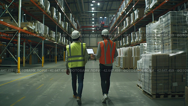 Two engineers, a man and a woman in yellow vests and protective helmets, walk through a large industrial warehouse. Стоковое AI-изображение, AI-художник Ярославский Максим / Фотобанк Лори