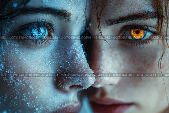 Two faces placed close to each other, creating a juxtaposition effect. One girl is covered in frost and ice, her skin has a cool bluish tint, and her eye glows a rich icy blue. The second girl, on the contrary, has a warm skin tone, freckles and a piercing amber-fiery eye, reminiscent of a flame. The contrast between cold and heat is emphasized by the lighting and texture of their skin. The visual effect creates a sense of duality and opposition of the elements - ice and fire, cold and heat, darkness and light. Стоковое AI-изображение, AI-художник Анна Кривицкая / Фотобанк Лори
