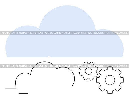 Two gear icons beside simple cloud illustrations. Ideal for cloud services, technology, software development, IT infrastructure, automation, industry 4.0 online platforms. Line metaphor. Cloud Computing Concept with Two Gears and Simple Cloud Icons in Minimalist Style. Стоковая иллюстрация, агентство Ingram Publishing / Фотобанк Лори
