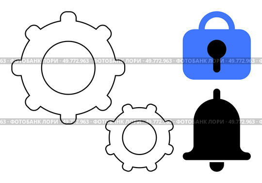 Two gears a bell and a locked padlock icon. Ideal for technology security notifications app settings system preferences user interface automation. Modern minimalist vector style. Gears Bell and Lock Icons Representing Settings Security and Notifications. Стоковая иллюстрация, агентство Ingram Publishing / Фотобанк Лори
