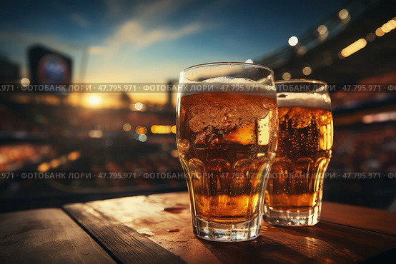 Two glasses of beer placed on top of a rustic wooden table at stadium. Стоковое AI-изображение, AI-художник Данила Большаков / Фотобанк Лори