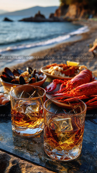 Two glasses of liquor are on a table next to a plate of food. Стоковое AI-изображение, AI-художник Ярославский Максим / Фотобанк Лори