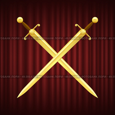 Two golden swords with brown handles crossed. Medieval weapon with sharp and shiny blade on red background. Knight attributes, royal guard arms vector. Two Gold Swords with Brown Hilt Crossed Vector. Стоковая иллюстрация, агентство Ingram Publishing / Фотобанк Лори