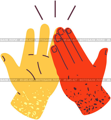 Two hands giving high five for great work. Red and yellow interracial arms clap each other. People team give hand slapping gesture isolated on white background. High five as symbol of friendship. Two hands give high five, clap each other for great work. Gesture as symbol of friendship. Стоковая иллюстрация, агентство Ingram Publishing / Фотобанк Лори