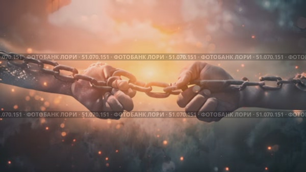 Two hands holding a metal chain against the backdrop of the sun shining brightly in the sky. Стоковое AI-видео, аниматор Данила Большаков / Фотобанк Лори