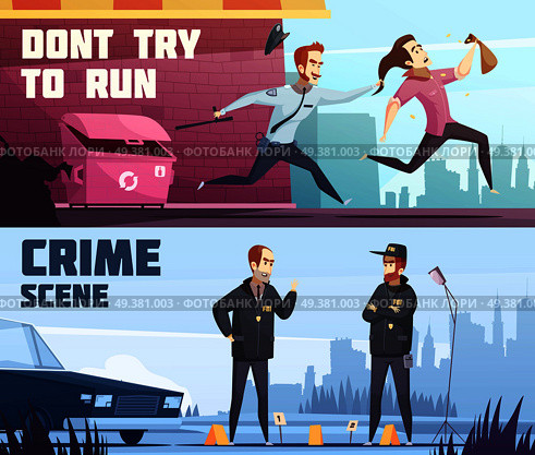 Two horizontal banners on police theme with policeman offender and driver violated traffic rules cartoon figurines vector illustration  . Two Horizontal Banners On Police Theme. Стоковая иллюстрация, агентство Ingram Publishing / Фотобанк Лори