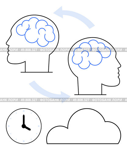 Two human head silhouettes with brain illustrations, clock, and cloud symbolizing idea exchange and time management. Ideal for teamwork, collaboration, brainstorming, time management, creativity. Brainstorming Session with Two Silhouettes, Clock, and Cloud Highlighting Idea Exchange. Стоковая иллюстрация, агентство Ingram Publishing / Фотобанк Лори