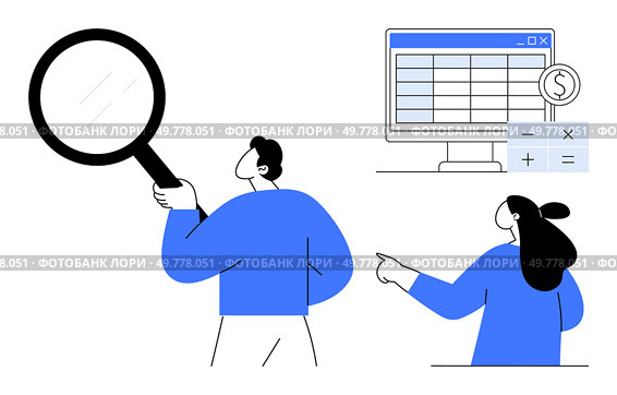 Two individuals analyzing data with a magnifying glass and pointing at a computer screen displaying a spreadsheet. Ideal for data analysis, teamwork, financial management, business planning. Business Analysis and Data Management Concept with Teamwork Focus. Стоковая иллюстрация, агентство Ingram Publishing / Фотобанк Лори