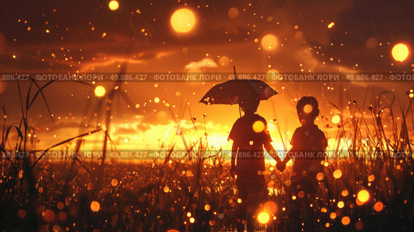 Two individuals standing in a field, sheltered under a large umbrella from the sun or rain. Стоковое AI-изображение, AI-художник Данила Большаков / Фотобанк Лори