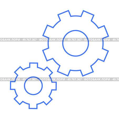 Two interlocking blue gears, one larger than the other. Ideal for technology, engineering, mechanics, productivity, industry, automation. Simple, clean minimalist style. Blue Outline Gears Representing Mechanistic Processes and Engineering in Minimalist Style. Стоковая иллюстрация, агентство Ingram Publishing / Фотобанк Лори