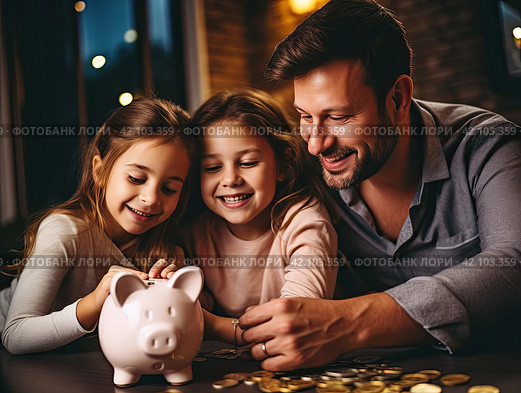Two little daughters and their father are playing piggy bank. Dad teaches his daughters to save money with a piggy bank. Стоковое AI-изображение, AI-художник Ярославский Максим / Фотобанк Лори