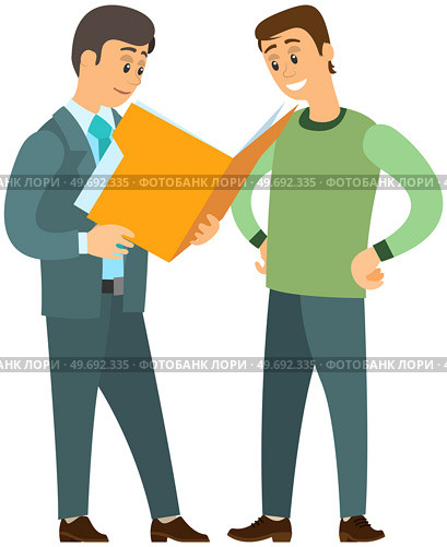 Two men talk, discussion, exchange of ideas, teamwork, and office meeting, team building concept. Boss tells subordinate manager action plan, reads document, business colleagues communicating. Two men talk, discussion, exchange of ideas, teamwork, and office meeting, team building concept. Стоковая иллюстрация, агентство Ingram Publishing / Фотобанк Лори