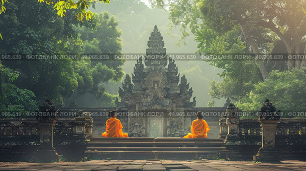 Two monks in traditional attire sitting on stone steps in front of a Buddhist temple, deep in conversation. Стоковое AI-изображение, AI-художник Данила Большаков / Фотобанк Лори