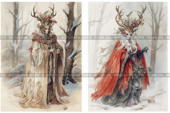 Two mysterious figures in the forest in winter — female characters in fairy-tale, masquerade outfits with deer antlers and wreaths of winter greenery, berries and flowers. The images resemble forest spirits, witches or guardians of the winter forest. One is in a light patterned cloak with ropes, the other is in a bright red mantle with gloves and white hair. Artistic watercolor in fantasy style with elements of nature, mysticism and ancient Slavic folklore. Ideal for use in projects on the theme of magic, nature, mythology and illustrative art. Стоковое AI-изображение, AI-художник Анна Кривицкая / Фотобанк Лори