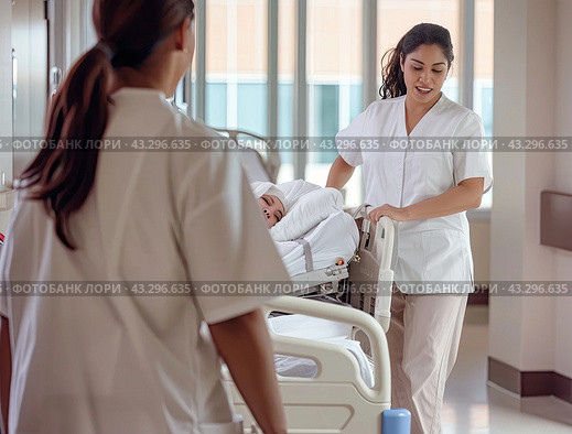 Two nurses move a bed on wheels with a bedridden patient inside the ward. Стоковое AI-изображение, AI-художник Ярославский Максим / Фотобанк Лори