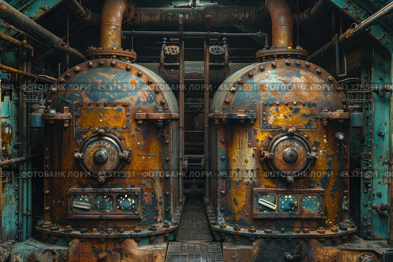 Two old industrial boilers with a rusty and shabby surface. The cauldrons are round in shape and covered with a patina, which gives them a vintage and slightly mysterious look. Surrounded by metal pipes and various industrial equipment. The color scheme of the image includes shades of rusty orange, blue and brown, creating contrast and emphasizing the age and use of the equipment. The image conveys the atmosphere of an abandoned or old factory, reflecting the industrial heritage. Стоковое AI-изображение, AI-художник Анна Кривицкая / Фотобанк Лори