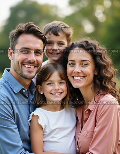 Two parents stand together in a park, surrounded by their joyful children. The family beams with happiness under the warm sunlight, creating lasting memories together Generative AI. Стоковое AI-изображение, AI-художник Юлия Петровская / Фотобанк Лори
