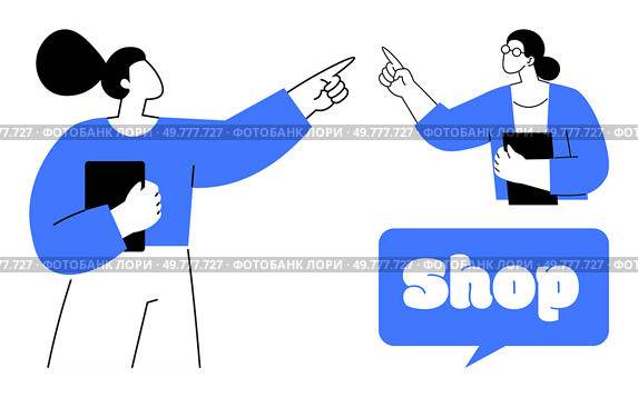 Two people are pointing towards a speech bubble with the word Shop. One holds a tablet, both wear glasses. Simple modern graphic style. Ideal for e-commerce, marketing, promotions, online shopping. Two People Pointing to Speech Bubble Saying Shop in Modern Minimalist Style. Стоковая иллюстрация, агентство Ingram Publishing / Фотобанк Лори