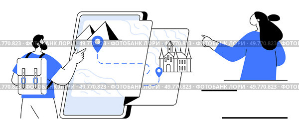 Two people discuss a travel route pointing at a map on a tablet. Ideal for travel planning tourism navigation digital maps location services adventure guiding and outdoor exploration. Simple modern. Digital Adventure Map for Travel Enthusiasts with Direction Queries Concept Illustration. Стоковая иллюстрация, агентство Ingram Publishing / Фотобанк Лори