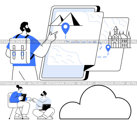 Two people discussing journey route on tablet, one pointing at map highlighting mountains and a castle. Ideal for travel planning, adventure guides, hiking apps, GPS tech, tourism, digital maps. Interactive map with two adventurers planning route to different landmarks using digital tablet. Стоковая иллюстрация, агентство Ingram Publishing / Фотобанк Лори