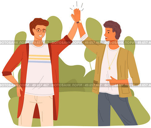 Two people giving high five, standing happily with hands together. Smiling men greeting each other. Male characters give five and rejoice. Happy guys during greeting isolated on white background. Smiling men greeting each other. Male characters give five and rejoice standing with hands together. Стоковая иллюстрация, агентство Ingram Publishing / Фотобанк Лори