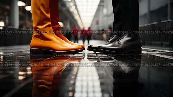 Two people standing opposite each other, focusing on their shoes. One of them wears bright orange shoes paired with matching trousers, creating a bold and dramatic look. The other person wears classic black leather shoes and tailored trousers, which emphasizes the formal style. The background is a long, modern corridor or shopping arcade with blurred silhouettes of people. The floor is wet and reflects the shoes, adding depth and drama to the frame. The composition conveys a contrast between styles, perhaps symbolizing the clash of opposites - classic and avant-garde, traditional and modern. Стоковое AI-изображение, AI-художник Анна Кривицкая / Фотобанк Лори