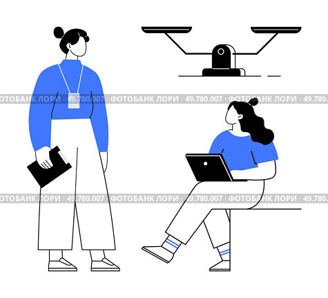 Two professionals engage in a discussion about a balance scale. One holds a clipboard, standing, while the other sits with a laptop. Ideal for teamwork, business planning, analysis, equality. Two professionals discussing a balance scale, one standing with a clipboard, the other sitting with a laptop. Стоковая иллюстрация, агентство Ingram Publishing / Фотобанк Лори