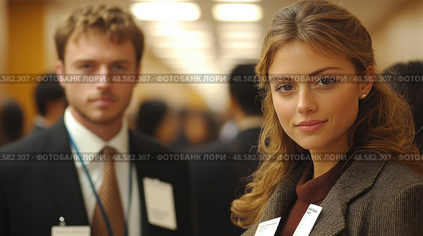 Two professionals participate in a networking event, engaging with other attendees in a lively business conference atmosphere. Стоковое AI-изображение, AI-художник Данила Большаков / Фотобанк Лори