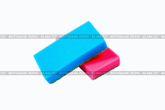 Two red and blue sponges for washing dishes on a white background are isolated. Стоковое фото, фотограф Ярославский Максим / Фотобанк Лори