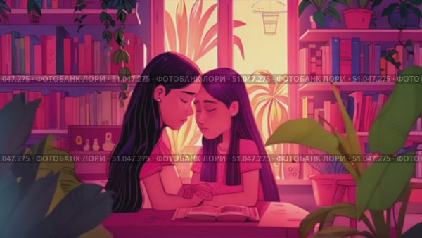 Two sad women are seated at a wooden table, engaged in reading and discussion surrounding a book placed in front of them. Стоковое AI-видео, аниматор Данила Большаков / Фотобанк Лори