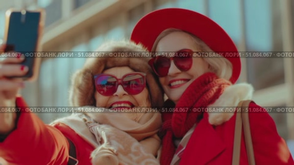 Two senior Caucasian women take a selfie outdoors. Both wear red outfits and sunglasses. One has a fur hat and the other has a red hat. They smile happily. Стоковое AI-видео, аниматор Nart / Фотобанк Лори