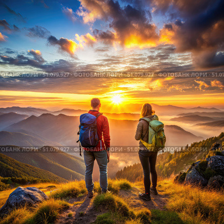 Two Travelers Enjoying a Mountaintop Sunset. Generative AI. Стоковое AI-изображение, AI-художник Roman Zavorotny / Фотобанк Лори