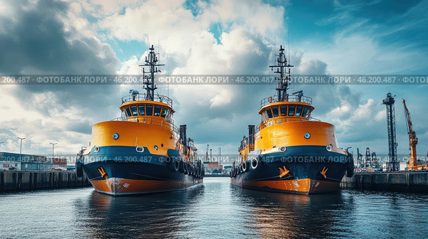 Two vibrant tugboats docked at a busy harbor under a cloudy sky. Стоковое AI-изображение, AI-художник Александр Довянский / Фотобанк Лори