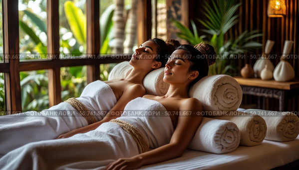 Two women are laying on a bed with towels and pillows. Стоковое AI-изображение, AI-художник Ярославский Максим / Фотобанк Лори