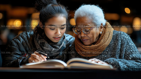 Two women engage warmly over a book in a cozy cafe, highlighting a beautiful generational connection and love for reading. Стоковое AI-изображение, AI-художник Данила Большаков / Фотобанк Лори