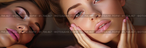 Two young cute girls examine their face after a massage in the mirror. The concept of youth and beauty. Generated by AI. Стоковое AI-изображение, AI-художник Ярославский Максим / Фотобанк Лори
