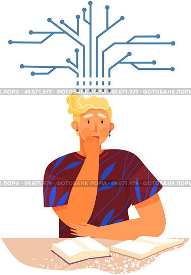 Type of mental thinking and man with technical mindset. Male microelectronics engineer or technician specialist thinks about microcircuits. Mind behaviour, mental perceiving, logical thinking. Male technician specialist thinks about microcircuit. Mental thinking and man with technical mindset. Стоковая иллюстрация, агентство Ingram Publishing / Фотобанк Лори