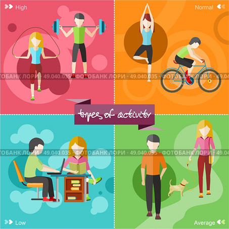 Types of activity. High, normal, low and average active. Healthy lifestyles daily routine tips stick figure in flat design style on four multicolor banners. Стоковая иллюстрация, агентство Ingram Publishing / Фотобанк Лори