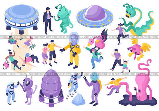 Ufo and aliens cartoon set of fantastic monstrous characters chasing children and adults isolated vector illustration. Стоковая иллюстрация, агентство Ingram Publishing / Фотобанк Лори