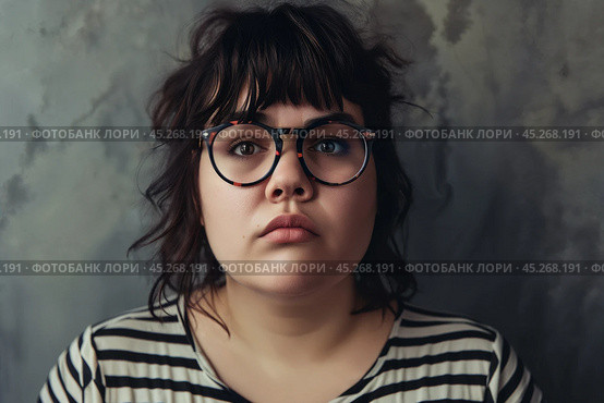 Ugly Young plus size woman wearing casual clothes and glasses sad expression on face with grey background. Apathy, depression, bulling, harassments concept. Social problem of fat people. Стоковое AI-изображение, AI-художник Sergey Grishin / Фотобанк Лори