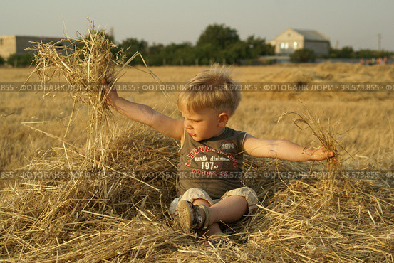 Украина. Кача. Летний отдых. Ребенок играет с сеном. Ukraine. Kacha. Summer vacation. A child is playing with hay. (2008 год). Стоковое фото, фотограф Алексей Смышляев / Фотобанк Лори