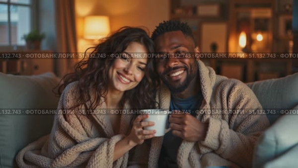 Улыбающаяся пара с чашкой в уютной гостиной вечером / Couple smiling while holding a cup in cozy living room at night. Стоковое AI-видео, аниматор DeFusum / Фотобанк Лори