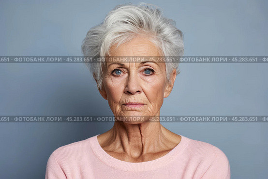 Unamused sad miserable mature caucasian woman wearing pink blouse, frowns face with dissatisfaction, sulks troubled as someone hurt her feelings. Indoor studio shot isolated on blue background. Стоковое AI-изображение, AI-художник Sergey Grishin / Фотобанк Лори