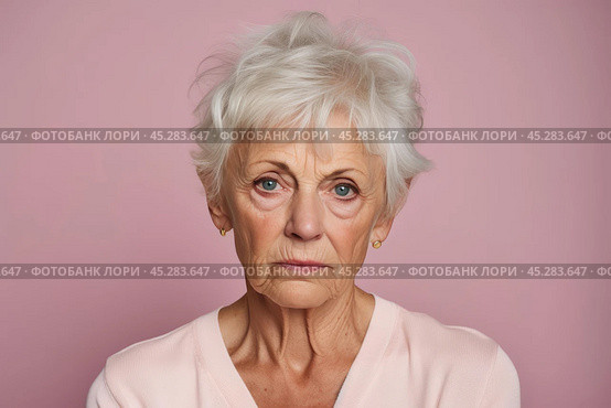 Unamused sad miserable mature short grey haired caucasian woman wearing pink blouse, frowns face with dissatisfaction, sulks troubled as someone hurt her feelings. Indoor studio shot isolated on pink. Стоковое AI-изображение, AI-художник Sergey Grishin / Фотобанк Лори