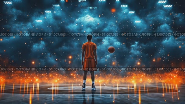 Under dramatic lighting and effects, a basketball player stands ready for competition, focused and poised to showcase skills in the arena. Стоковое AI-видео, аниматор Данила Большаков / Фотобанк Лори