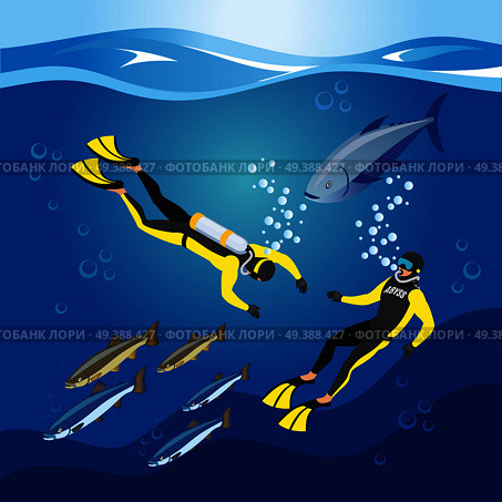 Underwater depths research, divers with scuba equipment and fishes, composition on blue background, isometric vector illustration. Underwater Depths Research Composition. Стоковая иллюстрация, агентство Ingram Publishing / Фотобанк Лори