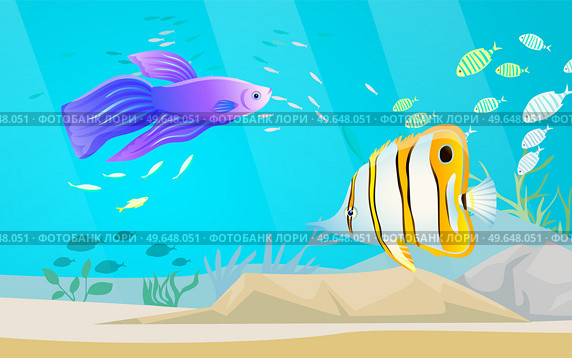 Underwater ocean fauna with exotic fishes. Ocean bottom with marine life reprsentatives. Marine underwater world with school of tropical fish. Seascape, undersea landscape vector illustration. Underwater ocean world with exotic fishes. Ocean bottom with marine life, school of tropical fish. Стоковая иллюстрация, агентство Ingram Publishing / Фотобанк Лори