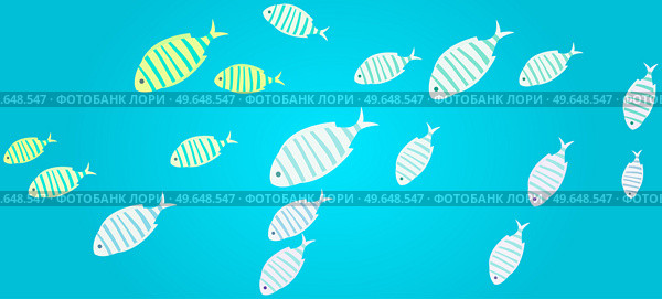 Underwater ocean fauna with exotic fishes. Ocean bottom with marine life reprsentatives. Marine underwater world with school of tropical fish. Seascape, undersea landscape vector illustration. Underwater ocean world with exotic fishes. Ocean bottom with marine life, school of tropical fish. Стоковая иллюстрация, агентство Ingram Publishing / Фотобанк Лори